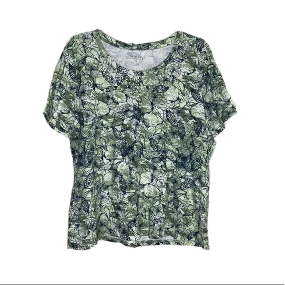 Coral Bay Green Seashell Print T Shirt Rhinestones